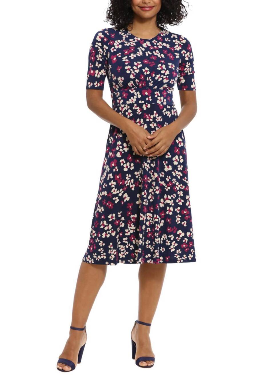 NEW LONDON TIMES floral print a line midi dress in navy cream